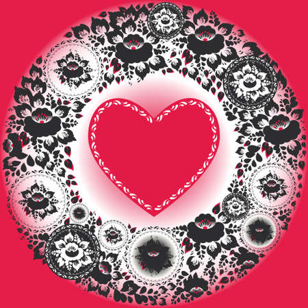Pink hearts and black flowers. Greeting card. vector illustrationのイラスト素材