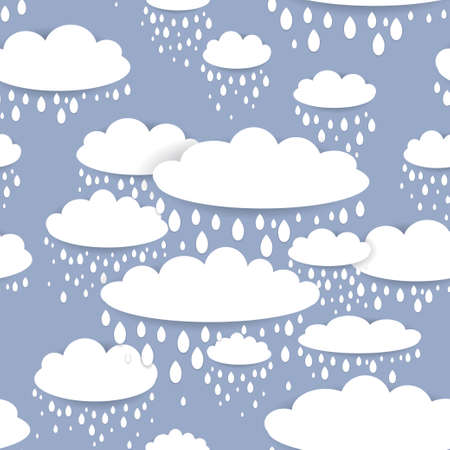 Seamless pattern with white clouds and raindrops on a blue background. vectorのイラスト素材