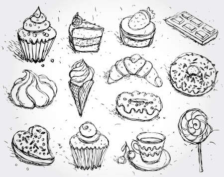 Hand drawn confectionery set croissant Cupcake candy marshmallow ice cream cake donut and coffee. vectorのイラスト素材