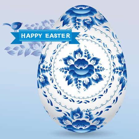 Vintage card with egg gzhel blue floral ornament, ribbon chick. Happy Easter. vectorのイラスト素材