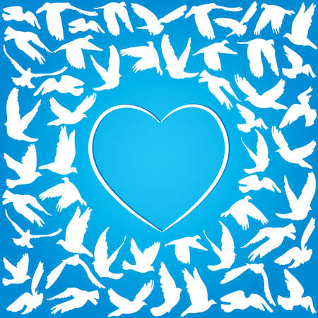 Flying dove for peace concept and wedding design. white heart on a blue background. Vector illustrationのイラスト素材