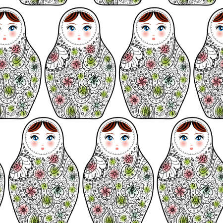 Pattern with the Russian dolls matrioshka Babushka on sketch white background. vectorのイラスト素材