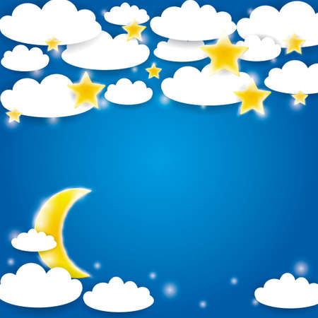 Blue background with white clouds, stars and moon rising. Vector illustrationのイラスト素材