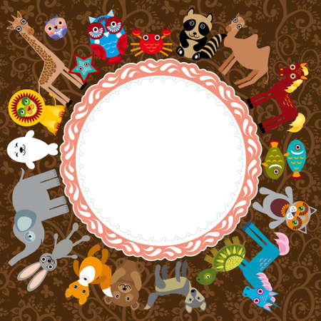 Set of funny cartoon animals character on a brown background frame for your text zoo vector Hand drawn confectionery seamless pattern croissant Cupcake candy marshmallow ice cream cake donut and coffee. doodle frame, ribbon. vectorのイラスト素材