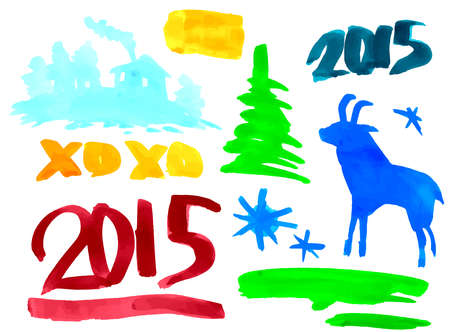 symbols of the new year 2015 Goat, spruce, numbers, paint stainsのイラスト素材