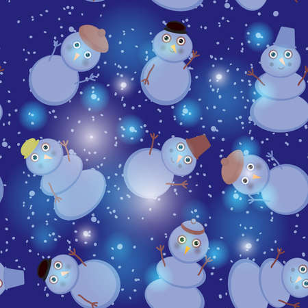 Seamless pattern cute cartoon snowmen on dark blue backgroundのイラスト素材