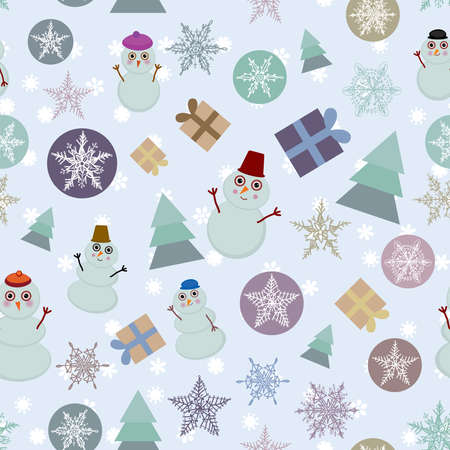 Seamless pattern of new year snowflake, snowman, sheep, Christmas tree, gifts.のイラスト素材