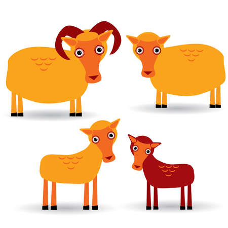Ram, ewe and lamb. Set of funny animals with cubs on white background.のイラスト素材
