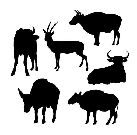 Cow, bull and deer black silhouette on white background. vector illustrationのイラスト素材