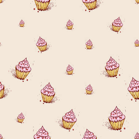 Cupcakes with pink cream Hand drawn sketch on pink background seamless pattern vectorのイラスト素材
