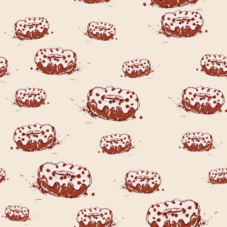 Chocolate donut with cream Hand drawn sketch on pink background seamless pattern vectorのイラスト素材