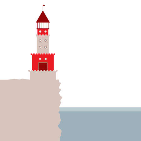 lighthouse, rocky island, ocean. Red and beige marine vectorのイラスト素材