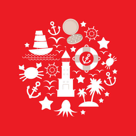 Set sea icon on red background. Vector illustrationのイラスト素材