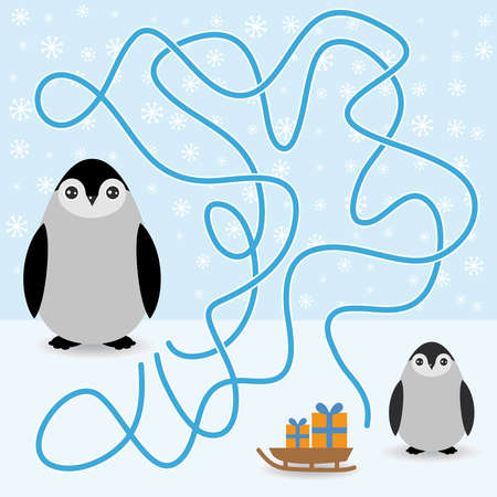 Funny penguins labyrinth game  winter card for Preschool Children. vector illustrationのイラスト素材