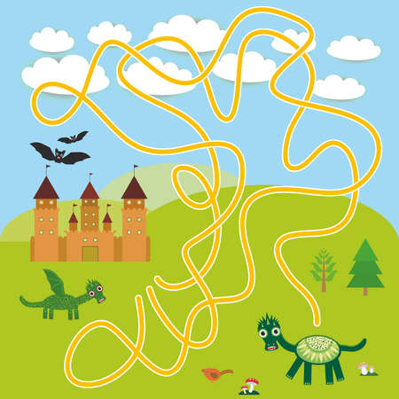 labyrinth game With Castle, fairytale landscape with dragons and bats for Preschool Children. vector illustrationのイラスト素材