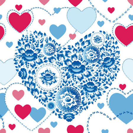 Wedding romantic seamless pattern with hearts, flowers in retro style. vector
