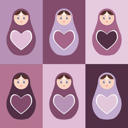Seamless pattern Russian dolls matryoshka with hearts on purple background. Vector illustrationのイラスト素材