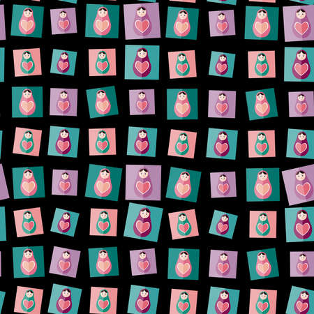Seamless pattern pink, purple, orange, teal Russian dolls matryoshka on black background. Vector...