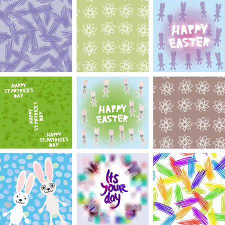 large set of Abstract grunge texture, floral seamless pattern, Happy Easter card design, Happy St. Patricks Day seamless pattern, Its your day freehand drawing. Vector illustrationのイラスト素材