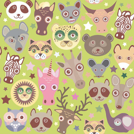 funny animals muzzle seamless pattern, Green background with stars. Vector illustrationのイラスト素材
