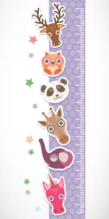 Children height meter wall sticker. Set of funny animals muzzle lilac stiker with stars. Vector illustrationのイラスト素材