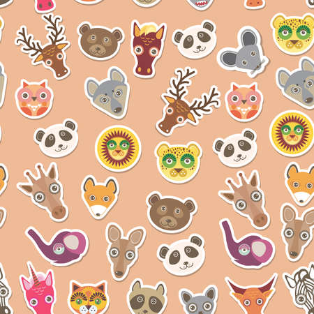 Set of funny animals muzzle seamless pattern. pink peach background. Vector illustrationのイラスト素材
