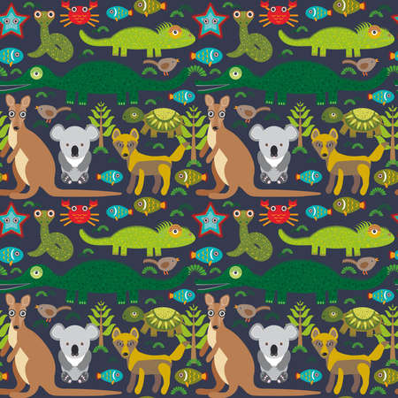 Animals Australia snake, turtle, crocodile, alliagtor, kangaroo, dingo. Seamless pattern on  dark background. Vector illustrationのイラスト素材