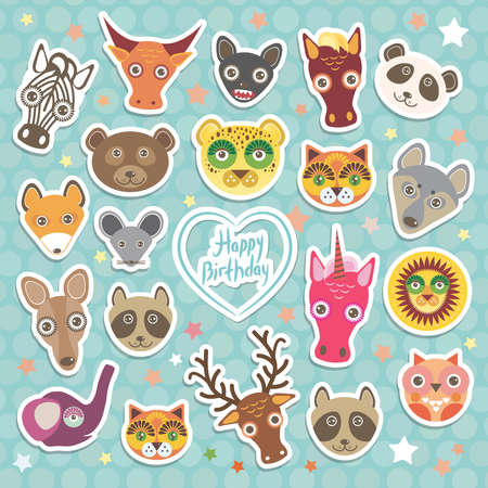 Happy birthday. Funny Animals card template on light blue Polka dot background. Vector illustrationのイラスト素材