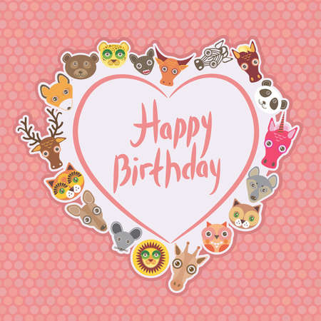 Funny Animals Happy birthday. White heart on pink Polka dot background. Vector illustrationのイラスト素材