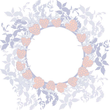 Spring background, wreath with leaves. Round banner for text. ripe raspberry on white background. Sketch, hand-drawn. Vector illustrationのイラスト素材