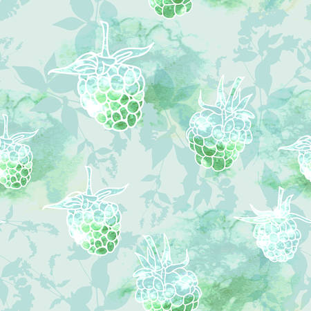 raspberry on green background, seamless pattern. Vector illustrationのイラスト素材