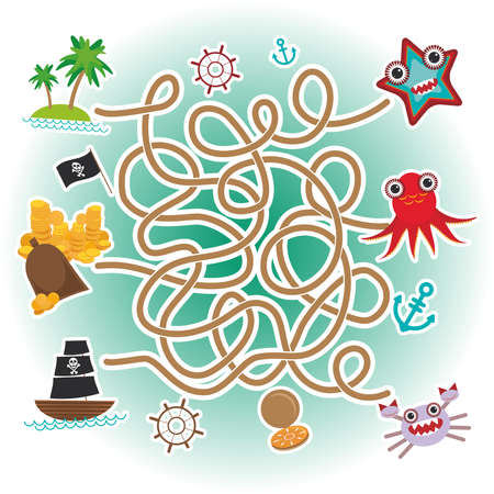 sea animals, boats pirates. sea objects collection labyrinth game for Preschool Children. Vector illustrationのイラスト素材