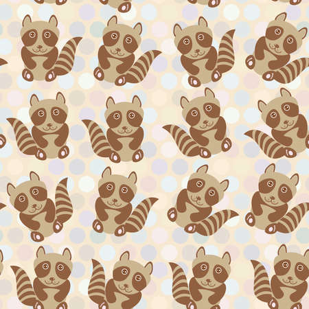 Polka dot background, pattern. Funny cute raccoon on dot background. Vector illustrationのイラスト素材