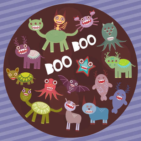 Funny frightening monsters on purple striped background party card design. Vector illustrationのイラスト素材