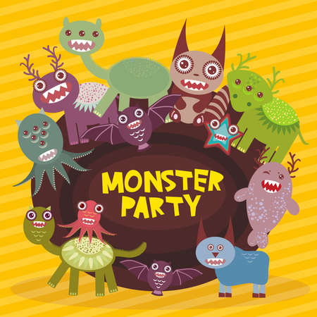 Funny monsters party card design on yellow striped background. Vector illustrationのイラスト素材