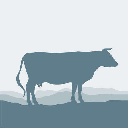 Cow silhouette  graze in the field, landscape, sky, grass, pasture. Blue, gray background.  Vector illustrationのイラスト素材
