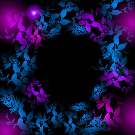 Neon light, blue, pink leaves on black background. Round banner for text. Vector illustrationのイラスト素材