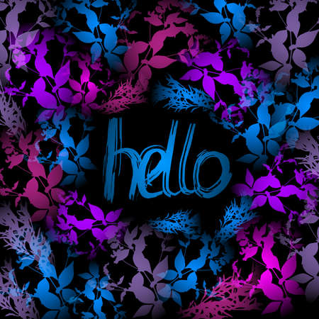 Hello Neon light, blue, pink leaves on black background. Vector illustrationのイラスト素材
