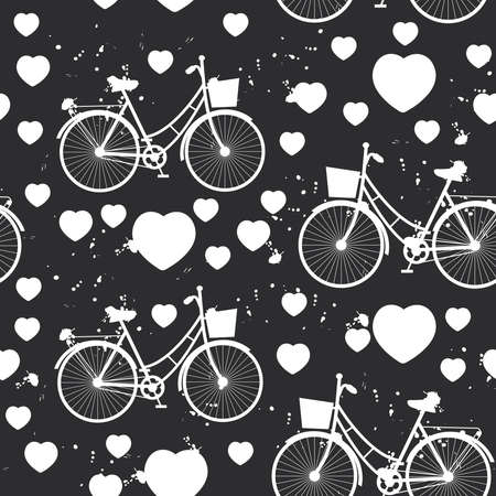 seamless pattern white bike and heart on black background. Vector illustrationのイラスト素材