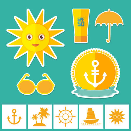 Set of summer vacation beach. Umbrella sun ship sailing sunglasses cream anchor steering wheel island, palm trees. Yellow Green Orange on blue background. Vector illustrationのイラスト素材