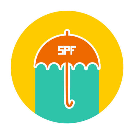 Summer vacation beach Round Card Design. Umbrella, sunscreen, SPF. Yellow Green Blue Orange. Vector illustrationのイラスト素材