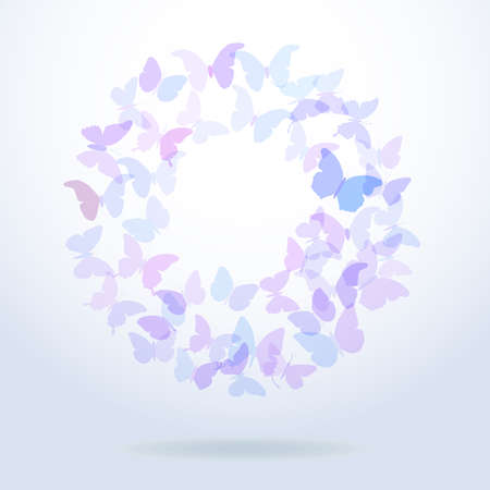 card design blue butterflies set on white background, summer round banner. Vector illustrationのイラスト素材