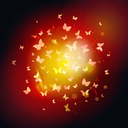 summer butterflies fly to light, yellow insects on dark background. Vector illustrationのイラスト素材