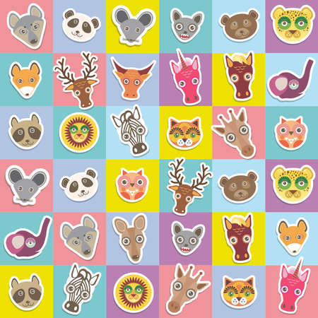 Set of funny animals muzzle seamless pattern with pink lilac blue yellow square. Vector illustrationのイラスト素材