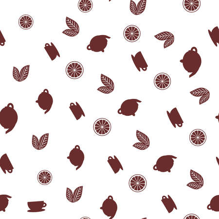 seamless pattern brown tea with lemon icons set on white background. Vector illustrationのイラスト素材