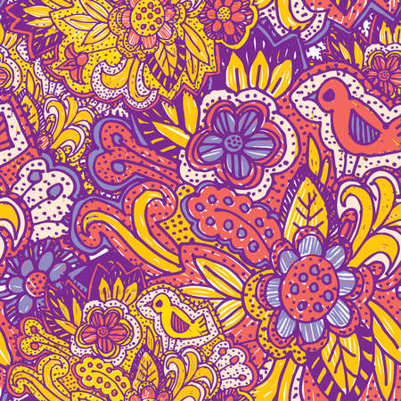 Doodle seamless pattern with flowers and birds. purple yellow pink bright ornament. Vector.のイラスト素材