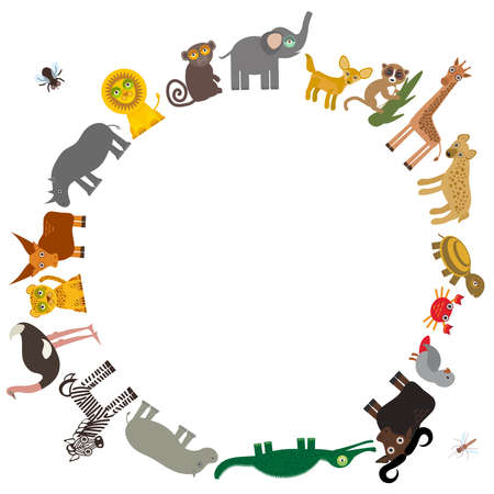 Round frame for text  Animal Africa: parrot Hyena Rhinoceros Zebra Hippopotamus Crocodile Turtle Elephant snake camel mosquito tsetse ostrich lemur Monkey Fennec fox Leo Leopard Giraffe buffalo. Vector illustrationのイラスト素材