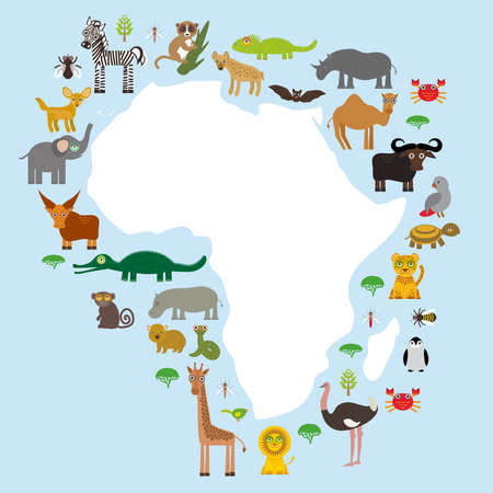 Animal Africa: parrot Hyena Rhinoceros Zebra Hippopotamus Crocodile Turtle Elephant Mamba snake camel mosquito tsetse ostrich lemur Chameleon Monkey Fennec fox Leo Leopard Giraffe buffalo Penguin. Vector illustrationのイラスト素材