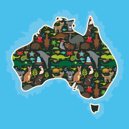 map of Australia. Echidna Platypus ostrich Emu Tasmanian devil Cockatoo parrot Wombat snake turtle crocodile kangaroo dingo octopus fish. Vector illustrationのイラスト素材