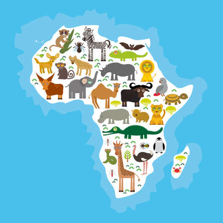 Animal Africa: parrot Hyena Rhinoceros Zebra Hippopotamus Crocodile Turtle Elephant Mamba snake camel mosquito tsetse ostrich lemur Chameleon Monkey Fennec fox Leo Leopard Giraffe buffalo Penguin. Vector illustrationのイラスト素材